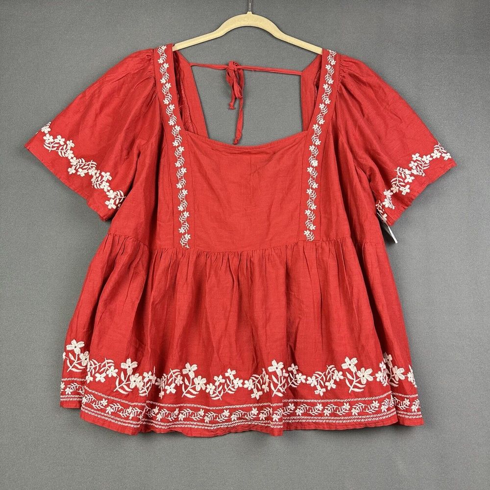 Old Navy Red Blouse with White Floral Embroidery